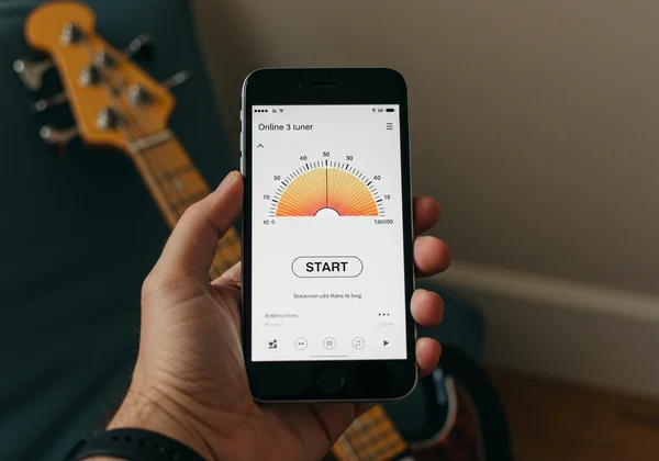 Person accessing an online bass tuner on a smartphone