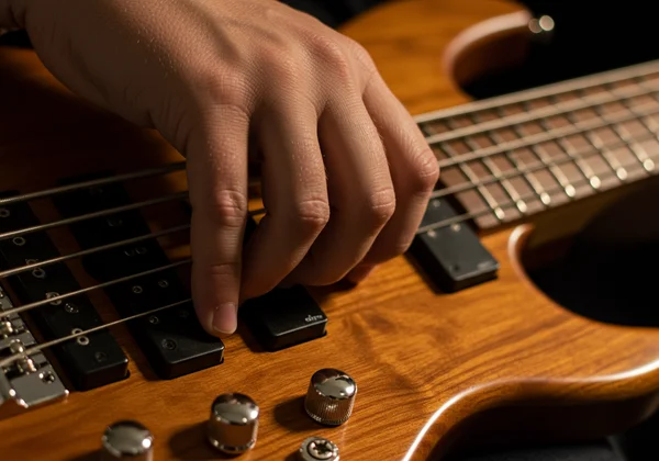 Hand plucking bass string near bridge for clear tuning