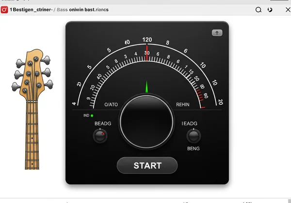 Screenshot of online bass tuner with dial and headstock