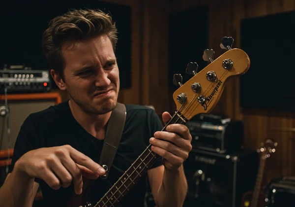 Frustrated bassist tuning their instrument in a practice room.