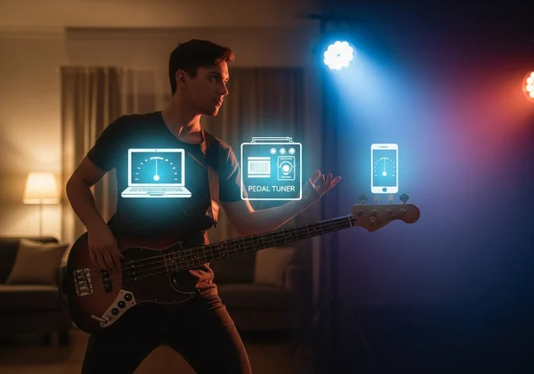 Bass player deciding between different tuning tools