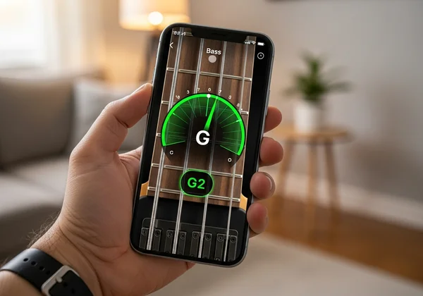 Smartphone running a bass tuner app, portable use