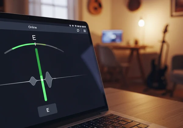 Online bass tuner interface on a laptop screen