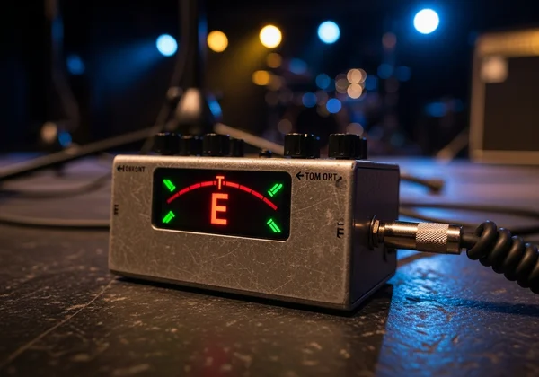 Rugged pedal tuner on a dark stage with a bass