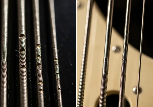 Close-up of worn, dull bass strings next to bright, new bass strings