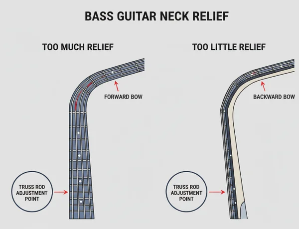 Diagram showing bass neck relief adjustment