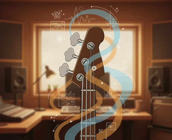 A bass guitar being tuned, surrounded by scientific elements